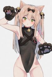  :o animal_ears animal_hands arm_up bare_hips bell black_bow black_collar black_leotard blush bow cat_ears chest_harness collar commentary covered_navel female girls&#039;_frontline gloves green_eyes grey_background groin hair_bell hair_between_eyes hair_intakes hair_ornament hairbow harness head_tilt highleg highleg_leotard highres leotard long_hair looking_at_viewer neck_bell no_pants no_shirt open_mouth paw_gloves paw_pose pink_hair signature simple_background sleeveless_turtleneck_leotard solo thighs tmp_(girls&#039;_frontline) tmp_(meow_prism_power)_(girls&#039;_frontline) two_side_up youthpaint 