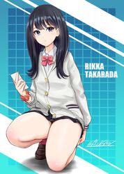  black_hair black_skirt blue_background blue_eyes bow bowtie bracelet brown_footwear character_name female flick_(sal23) full_body grey_sweater grid_background gridman_universe highres holding holding_phone jewelry kneeling loafers looking_at_viewer medium_hair phone red_bow red_bowtie red_socks shirt shoes signature skirt socks solo ssss.gridman sweater takarada_rikka thighs white_shirt 