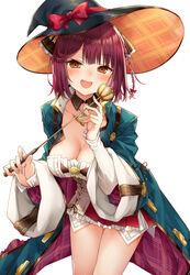  :d alt_(ctrldel) atelier_(series) atelier_sophie_2 blue_coat blush braid breasts cleavage coat commentary_request detached_collar dolphin_pendant dress female hair_over_one_eye halloween_costume hands_up happy hat hat_ribbon head_scarf highres holding holding_wand jewelry leaning_forward legs_together long_sleeves looking_at_viewer medium_breasts medium_hair oerba_yun_fang open_clothes open_coat orange_eyes pendant red_hair red_ribbon ribbon single_braid smile solo sophie_neuenmuller wand wide_sleeves witch_hat 