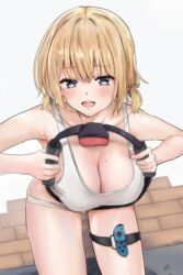  ahshi_(yingchuan_songshu) blonde_hair blue_eyes blush breasts cleavage female highres hololive hololive_english joy-con large_breasts looking_at_viewer medium_hair mole mole_on_breast open_mouth ring-con ring_fit_adventure shirt thigh_strap virtual_youtuber watson_amelia white_shirt 