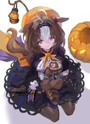  :3 @_@ absurdres ahoge animal_ears breasts closed_mouth commentary delfin59 female hair_between_eyes hair_ornament halloween hat headband highres horse_ears horse_girl jack-o&#039;-lantern lantern large_breasts medium_hair meisho_doto_(dot-o&#039;-lantern)_(umamusume) meisho_doto_(umamusume) multicolored_hair official_alternate_costume pantyhose pumpkin purple_eyes raccoon sitting solo streaked_hair umamusume wariza white_background white_hair 