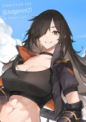  abs against_railing artist_name black_choker black_hair black_sports_bra blue_sky breasts choker cleavage cloud cloudy_sky commission commissioner_name cropped_jacket day female gauntlets hair_over_one_eye high_collar highres jacket large_breasts long_bangs long_hair looking_at_viewer lucadark_art midriff multicolored_clothes multicolored_jacket original railing sera_(judgemint) shaded_face shiny_skin sky smile solo_focus sports_bra toned twitter_username two-tone_jacket underwear yellow_eyes 