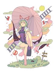  absurdres barefoot blonde_hair breasts dress female gap_(touhou) hair_between_eyes half-closed_eye hat hat_ribbon highres holding holding_umbrella long_hair long_sleeves medium_breasts mob_cap morino_hon open_mouth purple_eyes red_ribbon ribbon road_sign sign smile solo stop_sign tabard touhou umbrella white_dress white_hat yakumo_yukari 