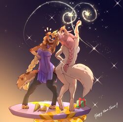  anthro ass aurum_(kiit0s) australian_shepherd blonde_hair blue_eyes braided_hair breasts brown_body brown_fur canid canine canis claws clothing digital_media_(artwork) digitigrade domestic_dog duo female fur hair herding_dog holding_wand kiit0s legwear magic mammal nude open_mouth pastoral_dog pink_hair sheepdog simple_background smile stockings tail wolf zofie_(fluff-kevlar) 