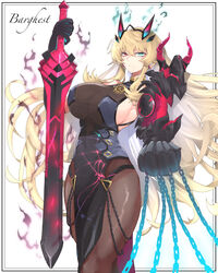  barghest_(fate) barghest_(second_ascension)_(fate) black_dress blonde_hair breasts brown_pantyhose chains character_name dress fate/grand_order fate_(series) female gauntlets green_eyes hazuki-a heterochromia highres holding holding_sword holding_weapon large_breasts long_hair md5_mismatch pantyhose red_eyes single_gauntlet sword weapon 