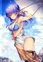  alternate_costume arm_up bare_arms bikini black_thighhighs blue_bikini blue_eyes blunt_ends blurry blurry_background blush bracelet breasts brown_skirt chi_no cleavage clothes_pull curvy day eyes_visible_through_hair feet_out_of_frame female frilled_bikini frills glint hair_between_eyes jewelry large_breasts light_smile long_hair looking_at_viewer miniskirt off_shoulder open_mouth outdoors partially_unbuttoned purple_hair shiny_skin shirt skirt skirt_pull solo sorakado_ai standing summer_pockets swimsuit thighhighs thighs tucking_hair umbrella undressing white_shirt 