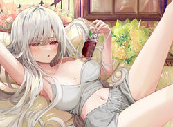  arm_behind_back bare_shoulders bouquet breasts breasts_apart camisole commentary dolphin_shorts drink female grey_hair grey_shirt grey_shorts highres ice ice_cube indoors ito_lab large_breasts long_hair looking_at_viewer lying midriff navel on_back open_mouth original red_eyes shirt short_shorts shorts solo white_hair 