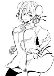  bandaged_arm bandages breasts bun_cover closed_mouth cowboy_shot dress female flower greyscale highres himajin_noizu ibaraki_kasen large_breasts monochrome puffy_short_sleeves puffy_sleeves rose short_hair short_sleeves simple_background single_wrist_cuff smile solo tabard touhou white_background wrist_cuffs 