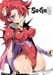  armor breasts cape clenched_hand closed_mouth female hair_ornament highres holding holding_sword holding_weapon katana leotard looking_at_viewer puchidori red_hair red_leotard saga saga_3 sharon_(saga) short_hair shoulder_armor simple_background smile solo sword weapon white_background 