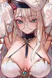  absurdres aia_amare aia_amare_(2nd_costume) alternate_costume arms_up beret blonde_hair braid breasts choker earrings female glasses green_eyes hair_ornament hat highres jewelry large_breasts long_hair naokomama nijisanji nijisanji_en official_alternate_costume smile solo virtual_youtuber 