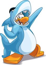  absurd_res alpha_channel avian bird club_penguin full-length_portrait hi_res looking_at_viewer male nazi_salute official_art open_mouth penguin portrait shark_costume sharp_teeth solo teeth toony upper_teeth_only yellow_body 