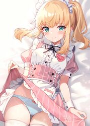  alice_gear_aegis apron bed_sheet blonde_hair blue_panties blush bow bow_panties buttons closed_mouth clothes_lift collared_dress commentary_request dress dress_lift female frilled_apron frilled_dress frills green_eyes highres kakerayuri lifting_own_clothes long_hair looking_at_viewer lying maid maid_headdress noelle_francesca on_back panties pink_thighhighs ponytail puffy_short_sleeves puffy_sleeves short_sleeves sidelocks solo striped_clothes striped_dress thighhighs underwear wrist_cuffs 