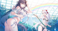  2girls arm_up ass bare_shoulders bikini black_bikini black_hair blue_eyes blunt_bangs bow braid breasts chestnut_mouth cleavage earrings gem hairbow hand_up highres jewelry long_hair long_sleeves looking_at_another multiple_girls navel novel_illustration off_shoulder official_art one_eye_closed open_mouth rainbow red_bow red_gemstone riselia_ray_crystalia roselia_ishtaris see-through seiken_gakuin_no_maken_tsukai smile stomach swimsuit teeth tiara toosaka_asagi upper_teeth_only water wet wet_clothes white_hair yellow_eyes 