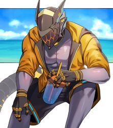  1boy abs bara bare_pectorals beach cloud colored_skin cyborg drink drinking_straw glowing hakidashi_11 holding holding_drink jacket male_focus masked mechanical_hands mechanical_tail multicolored_clothes multicolored_jacket muscular muscular_male open_clothes open_jacket pectorals phantasy_star phantasy_star_online_2 protagonist_(pso2) purple_skin robot_ears shorts sitting solo tail two-tone_jacket water 