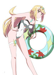  bare_shoulders blonde_hair breasts circlet cleavage closed_mouth core_crystal_(xenoblade) feet_out_of_frame female holding holding_instrument instrument kageyasu legs long_hair looking_at_viewer mythra_(radiant_beach)_(xenoblade) mythra_(xenoblade) one-piece_swimsuit simple_background solo strapless strapless_one-piece_swimsuit swept_bangs swimsuit thigh_strap very_long_hair white_background white_one-piece_swimsuit xenoblade_chronicles_(series) xenoblade_chronicles_2 yellow_eyes 