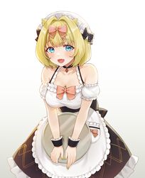  :d apron bare_shoulders black_bow black_skirt blonde_hair blue_eyes blush bow breasts brown_dust_2 detached_sleeves female frilled_apron frills hair_intakes hairbow hat hat_bow highres holding holding_tray justia_(brown_dust) looking_at_viewer medium_breasts mob_cap nail_polish noixen oerba_yun_fang open_mouth pink_bow puffy_short_sleeves puffy_sleeves short_hair short_sleeves simple_background skirt smile solo tray white_apron white_background white_hat wrist_cuffs yellow_nails 