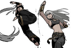  2girls arm_behind_back bare_shoulders belt black_belt black_pants bracelet clenched_hands clenched_teeth crop_top dodging feet fighting gogalking gold_bracelet gold_trim green_eyes grey_hair jewelry jumping long_bangs long_hair lou_(gogalking) midriff motion_blur motion_lines multiple_girls navel original pants ponytail shagal_(gogalking) soles straight_hair tan teeth toes uppercut very_long_hair white_background worried 