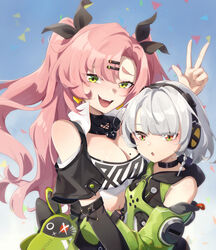  2girls :d :o anby_demara bangboo_(zenless_zone_zero) bare_shoulders black_choker chinese_commentary choker clothing_cutout commentary_request green_eyes hair_ornament hairclip hand_up headphones highres ling_huanxiang long_hair long_sleeves looking_at_viewer multiple_girls nicole_demara open_mouth partial_commentary pink_hair shoulder_cutout smile strapless tube_top very_long_hair w white_hair zenless_zone_zero 