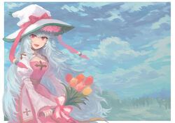  :d arch_bishop_(ragnarok_online) blue_sky border bouquet bow breasts brown_sash cleavage cleavage_cutout clothing_cutout cloud commentary_request cowboy_shot cross day dress female flower hat hat_bow highres holding holding_bouquet holding_flower juliet_sleeves long_hair long_sleeves looking_at_viewer medium_bangs medium_breasts messy_hair mogukk open_mouth orange_flower orange_tulip outdoors outside_border pink_bow pink_dress pink_eyes puffy_sleeves ragnarok_online red_flower red_tulip sky smile solo tulip two-tone_dress very_long_hair white_border white_bow white_dress white_hair witch_hat yellow_flower yellow_tulip 