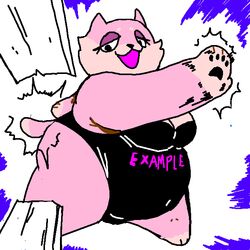  2020 aliasing anthro belly big_belly big_breasts black_pawpads breasts character_name clothing digital_media_(artwork) dipstick_tail domestic_cat emanata english_text example_cat eyelashes felid feline felis female flash_emanata fur gloves_(marking) half-closed_eyes leg_markings mammal markings microsoft_paint_(artwork) motion_lines narrowed_eyes navel_outline obese obese_female open_mouth overweight overweight_female pawpads pink_body pink_fur pupils shamelesss socks_(marking) solo tail tail_markings text text_on_clothing 