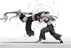  2girls arms_behind_back baggy_pants bare_shoulders black_pants black_sports_bra blocking bracelet crop_top feet fighting flying_kick gogalking gold_bracelet gold_trim green_eyes grey_hair jewelry kicking long_bangs lou_(gogalking) midriff motion_blur motion_lines multiple_girls original pants shagal_(gogalking) siblings sisters sports_bra stirrup_legwear tan tiptoes toeless_legwear toned white_background 