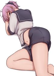  ahoge aoba_(kancolle) ass breasts female highres ikadamo kantai_collection large_breasts ponytail purple_hair school_uniform scrunchie serafuku short_hair shorts solo white_background 