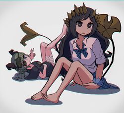  2girls barefoot black_hair black_shirt blue_bow blue_bowtie blue_skirt bow bowtie bright_pupils brown_eyes brown_horns closed_mouth collared_shirt commentary_request demon_girl demon_horns demon_tail detached_sleeves doronuma expressionless eyepatch full_body green_hair highres horns long_hair looking_at_viewer lying medium_bangs medium_hair multiple_girls nanashi_inc. on_back plaid plaid_skirt sekishiro_mico shimamura_charlotte shirt short_bangs simple_background sitting skirt sleep_mask striped_bow striped_bowtie striped_clothes tail v very_long_hair virtual_youtuber white_background white_pupils white_shirt 