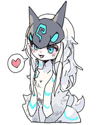  anthro blue_markings bovid caprine clothing cute_fangs female fur fur_markings hair headgear headwear heart_symbol kindred_(lol) lamb_(lol) league_of_legends mammal markings podo riot_games sheep simple_background solo teal_eyes tencent tuft white_background white_body white_fur white_hair 