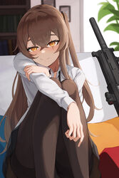  absurdres aimpoint black_pantyhose blush bookshelf brown_hair commentary_request copycat001 english_commentary female girls&#039;_frontline gun h&amp;k_ump hand_on_own_arm highres korean_commentary long_hair looking_at_viewer mixed-language_commentary one_side_up orange_eyes panties pantyhose pantyshot partial_commentary plant scar scar_across_eye scar_on_face scope shirt sitting smile submachine_gun suppressor ump45_(girls&#039;_frontline) underwear weapon white_shirt 