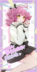  :o absurdres ahoge birthday character_name english_commentary english_text female happy_birthday hat heart highres looking_at_viewer love_live! love_live!_nijigasaki_high_school_idol_club medium_hair pink_hair pukonuu signature sleeves_past_wrists solo tennoji_rina yellow_eyes 