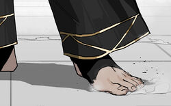  baggy_pants black_pants dust feet feet_only female fighting_stance floor foot_focus gogalking gold_trim motion_blur original pants shadow shagal_(gogalking) smoke_trail standing stirrup_legwear tan tile_floor tiles toeless_legwear toenails toes 