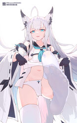  animal_ear_fluff animal_ears azur_lane black_gloves black_sailor_collar blue_eyes blue_neckerchief blue_ribbon clothes_lift detached_sleeves feet female foot_focus fox_ears fox_girl gloves highres kawakaze_(azur_lane) liwendala long_hair looking_at_viewer navel neckerchief panties ribbon ribbon-trimmed_sleeves ribbon_trim sailor_collar shirt_lift smug soles solo thighhighs toes underwear white_hair white_panties white_thighhighs wide_sleeves 