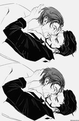  2boys absurdres beard beard_stubble couple dracule_mihawk facial_hair forked_eyebrows from_side full_beard greyscale highres kaizer_(kaizerxking) kissing lying_on_person male_focus mature_male monochrome multiple_boys one_piece profile shanks_(one_piece) short_hair sideburns_stubble stubble thick_eyebrows upper_body yaoi 