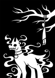  2015 biped black_and_white black_background branch canid canine canis clothed clothing collar collar_tag corpse digital_drawing_(artwork) digital_media_(artwork) domestic_dog duo feral feral_focus footwear ghost hanged hanging_from_branch hi_res human male mammal monochrome noose plant prick_ears quadruped restricted_palette scp-1111-1 scp-1111-2 scp_foundation sharp_teeth shoes silhouette simple_background solo_focus spirit standing sunnyclockwork tail teeth tree 