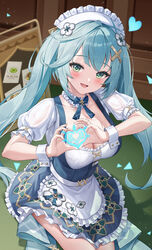  alternate_breast_size anemo_symbol_(genshin_impact) apron aqua_hair aqua_pupils blue_dress blue_ribbon blush breasts circle_skirt cleavage collar collarbone commentary_request detached_collar dress faruzan_(cafe)_(genshin_impact) faruzan_(genshin_impact) female frilled_apron frilled_collar frills genshin_impact green_eyes hair_ornament hand_up heart heart_hands highres long_hair looking_at_viewer lunacle maid maid_apron maid_headdress medium_breasts neck_ribbon official_alternate_costume open_mouth ribbon short_sleeves sidelocks smile solo symbol-shaped_pupils triangle-shaped_pupils twintails white_apron white_collar x_hair_ornament 