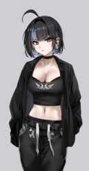  absurdres ahoge black_choker black_hair black_jacket black_pants blue_hair breasts brown_eyes choker cleavage collarbone cross cross_earrings earrings female grey_background hands_in_pockets highres irene_(kanniiepan) jacket jewelry kanniiepan looking_at_viewer medium_breasts midriff mole mole_on_breast mole_under_eye multicolored_hair navel original pants short_hair simple_background single_earring solo standing two-tone_hair 