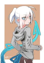  arched_back ass black_bottomwear black_clothing blue_eyes blue_tail blush blush_lines border bottomwear brown_background clothed clothing female fully_clothed grey_clothing grey_hoodie grey_topwear hair hair_over_eye higashi_shino hood hood_down hoodie humanoid humanoid_pointy_ears light_body light_skin long_tail looking_at_viewer looking_back not_furry nowareno_(higashi_shino) one_eye_obstructed outside_border ponytail portrait pupils short_hair simple_background skinny skinny_female skinny_humanoid slim slim_female slim_humanoid slit_pupils solo spade_tail spiked_tail spikes spikes_(anatomy) tail tailed_humanoid three-quarter_portrait three-quarter_view tight_bottomwear tight_clothing topwear translucent translucent_hair unknown_species white_border white_hair 