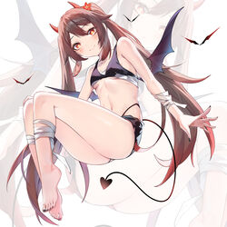  absurdres bandages bare_legs barefoot black_nails brown_hair cellphone chest_sarashi commentary_request fake_horns feet female genshin_impact highres horns hu_tao_(genshin_impact) legs long_hair looking_at_viewer nail_polish navel phone red_eyes sarashi smartphone smile snozaki stomach thighs toenail_polish toenails toes twintails very_long_hair zoom_layer 