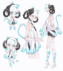  absurdres android animal_ears aqua_eyes argyle_clothes argyle_socks bambinata:_vitrum_(punishing:_gray_raven) bambinata_(punishing:_gray_raven) bao_jiang_fenhong bare_arms bare_shoulders black_hair black_leotard blunt_bangs blush bow braided_hair_rings cat_ears cat_tail chibi chinese_commentary collarbone commentary doll_joints fake_animal_ears feline female freckles frills full_body hair_ornament heart heart-shaped_pupils heart_hair_ornament high_heels highres joints kneehighs leotard mechanical_parts multicolored_hair multiple_views punishing:_gray_raven simple_background socks star_(symbol) symbol-shaped_pupils tail tail_bow tail_ornament two-tone_hair two-tone_leotard white_background white_bow white_hair white_leotard 