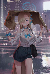  absurdres asuna_(blue_archive) bag black_bra black_choker black_skirt blue_archive blue_eyes blue_ribbon blue_scrunchie blush box bra breasts building cardboard_box choker cleavage collarbone collared_shirt female fingernails grin hair_over_one_eye hair_ribbon halo highres jhigf korean_text large_breasts lg_electronics light_brown_hair long_hair looking_at_viewer outdoors pleated_skirt rain ribbon school_bag school_uniform scrunchie see-through see-through_shirt shin_ramyun shirt skirt smile solo underwear wet wet_clothes wet_shirt white_shirt wrist_scrunchie 