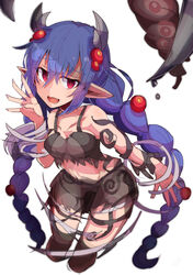  braid breasts duel_monster female hair_bobbles hair_ornament highres kujira_hebi long_hair looking_at_viewer medium_breasts open_mouth pointy_ears purple_hair red_eyes smile solo traptrix_atrax twin_braids twintails very_long_hair yu-gi-oh! 