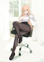  absurdres azur_lane black_choker black_footwear black_panties black_pantyhose black_skirt blonde_hair breasts chair choker cleavage female full_body hair_between_eyes high-waist_skirt highres huge_breasts implacable_(azur_lane) implacable_(shepherd_of_the_&quot;lost&quot;)_(azur_lane) legs long_hair long_sleeves miniskirt office_chair office_lady official_alternate_costume panties panties_under_pantyhose pantyhose partially_unbuttoned pencil_skirt red_eyes shirt shirt_tucked_in shoes sitting skirt solo suo_bu_ye_feng swivel_chair underwear white_shirt 