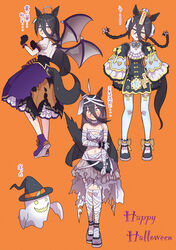  absurdres adapted_costume agnes_digital_(lovely_jiangshi)_(umamusume) agnes_digital_(umamusume) agnes_digital_(umamusume)_(cosplay) ahoge animal_ears bandaged_arm bandaged_hand bandaged_head bandaged_leg bandages bare_shoulders black_footwear black_gloves black_hair blush braid breasts bun_cover cleavage commentary_request cosplay double_bun ear_piercing embarrassed female ghost gloves green_ribbons hair_between_eyes hair_bun halloween halloween_costume happy_halloween hat head_tilt highres horse_ears horse_girl horse_tail jiangshi kimihitsuji long_bangs long_hair looking_at_viewer looking_down looking_to_the_side manhattan_cafe_(umamusume) multiple_views mummy_costume neck_ribbon ofuda orange_background piercing puffy_short_sleeves puffy_sleeves purple_footwear purple_skirt qingdai_guanmao ribbon rice_shower_(make_up_vampire!)_(umamusume) rice_shower_(umamusume) rice_shower_(umamusume)_(cosplay) shirt short_sleeves simple_background skirt sleeves_past_fingers sleeves_past_wrists super_creek_(chiffon_ribbon_mummy)_(umamusume) super_creek_(umamusume) super_creek_(umamusume)_(cosplay) tail tail_through_clothes thighhighs twin_braids umamusume white_hair white_shirt white_thighhighs witch_hat yellow_eyes 