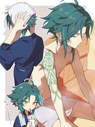  1boy arm_tattoo blue_hair blush closed_eyes cup drinking_straw drying drying_hair facial_mark forehead_mark genshin_impact green_hair highres holding holding_cup japanese_clothes kimono male_focus multicolored_hair multiple_views naked_towel nude orange_eyes sitting sweat tattoo towel wato_samirika xiao_(genshin_impact) yukata 