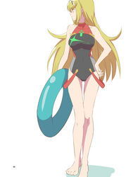  bare_shoulders barefoot black_one-piece_swimsuit blonde_hair breasts circlet closed_mouth core_crystal_(xenoblade) cosplay female full_body holding holding_swim_ring innertube kageyasu legs long_hair looking_to_the_side mythra_(xenoblade) one-piece_swimsuit pyra_(pro_swimmer)_(xenoblade) pyra_(xenoblade) pyra_(xenoblade)_(cosplay) shadow simple_background smile solo standing swept_bangs swim_ring swimsuit toes very_long_hair white_background xenoblade_chronicles_(series) xenoblade_chronicles_2 yellow_eyes 