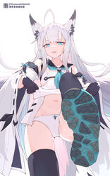  animal_ear_fluff animal_ears azur_lane black_gloves black_sailor_collar black_thighhighs blue_eyes blue_neckerchief blue_ribbon clothes_lift detached_sleeves female fox_ears fox_girl gloves highres kawakaze_(azur_lane) liwendala long_hair looking_at_viewer navel neckerchief no_pants panties ribbon ribbon-trimmed_sleeves ribbon_trim sailor_collar shirt_lift shoe_soles shoes smug solo thighhighs underwear white_hair white_panties wide_sleeves 