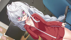  ahoge black-framed_eyewear blush braid breasts cleavage computer_mouse female grey_hair indoors jersey long_hair long_sleeves looking_at_viewer monitor no_bra open_mouth original rasaras_leonids red_eyes short_shorts shorts small_breasts smile solo sportswear 