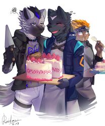  animal_humanoid anthro arknights black_body black_fur cake canid chameleon_humanoid clothing collar dessert eating eating_food ethan_(arknights) food fur grey_body grey_fur group hair hi_res humanoid hyena hypergryph lizard_humanoid looking_at_another male mammal reptile reptile_humanoid scalie scalie_humanoid shirt spot_(arknights) spotted_hyena studio_montagne tail tea_reid topwear trio 