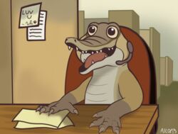  absurd_res alco_(alcosaurusrex) alcosaurusrex crocodile crocodilian crocodylid desk digital_media_(artwork) fan_character furniture hi_res male office reptile scalie smile solo table 