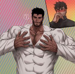  2boys ? aroused_nosebleed bara beard_stubble blood blush brown_hair character_request chest_hair couple covered_abs dobek_k facial_hair food food_between_pectorals hairy hand_hair highres knuckle_hair korean_commentary large_pectorals long_sleeves looking_at_another looking_at_viewer male_focus multiple_boys muscular muscular_male mustache_stubble nosebleed pectoral_cleavage pectoral_squeeze pectorals pocky pocky_day sam_(dobek_k) scp_foundation short_hair smile solo_focus spoken_question_mark strongman_waist stubble tsurime upper_body yaoi 